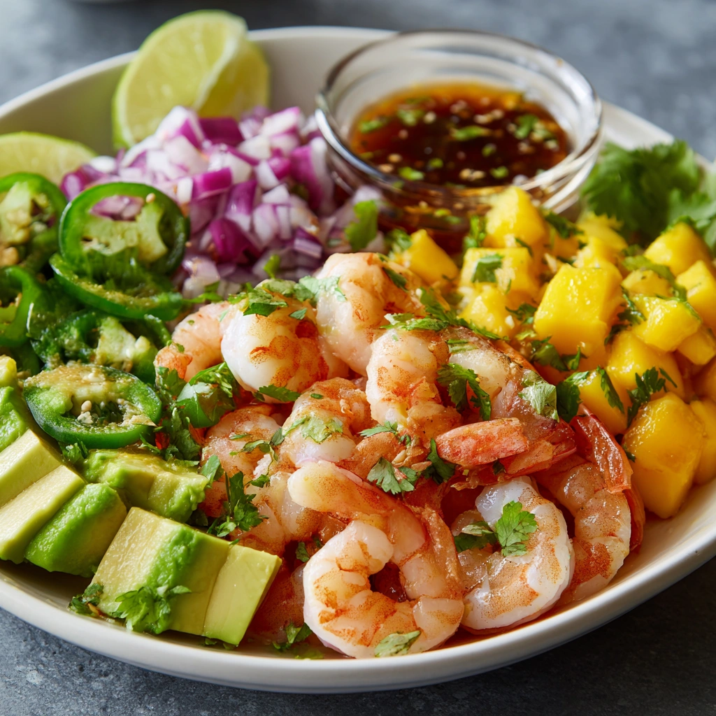 Shrimp and Avocado Bowls with Mango Salsa &amp; Lime-Chili Sauce for a Fresh Twist!