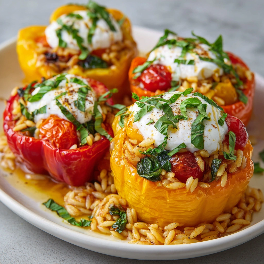 Orzo-Stuffed Peppers Topped with Burrata for a Delightful Meal!
