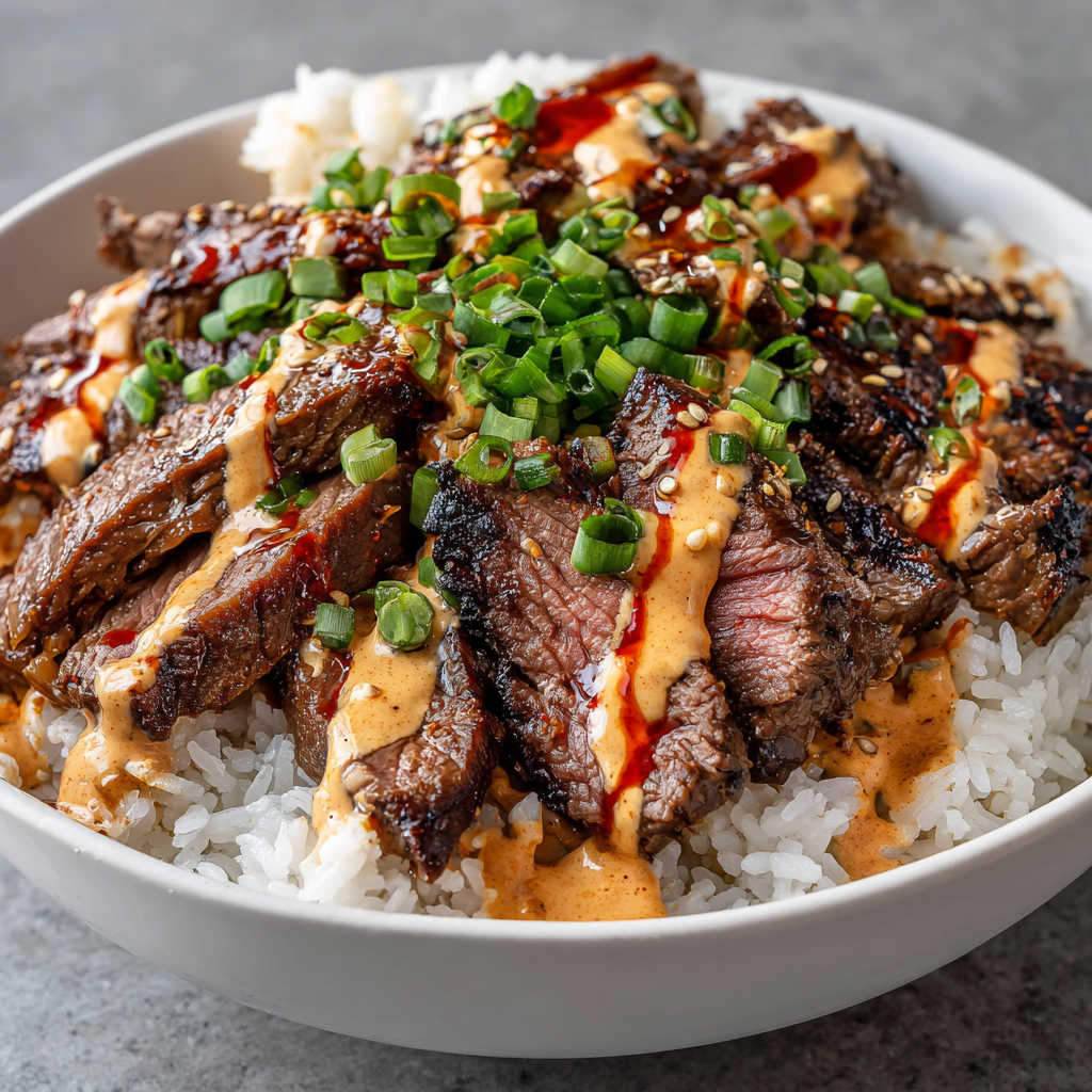 Korean BBQ Steak Rice Bowls with Spicy Cream Sauce Delight!