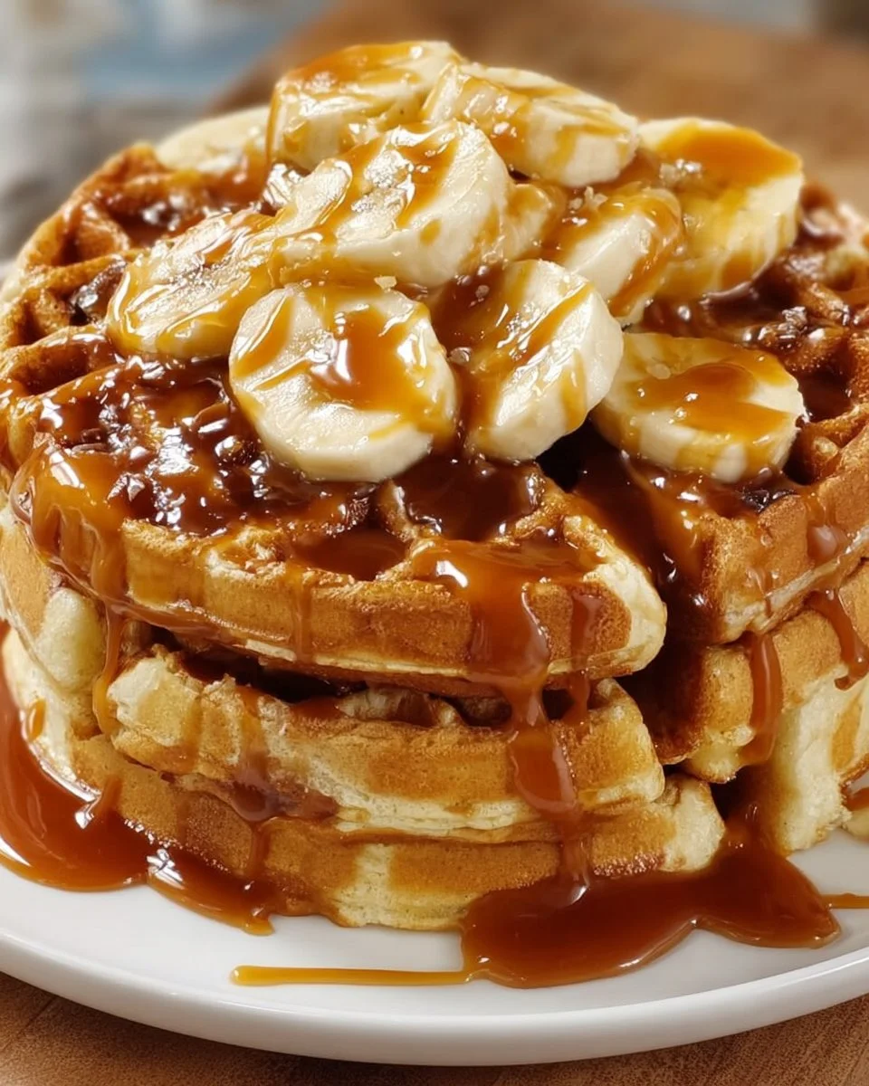 Banana Waffles with Caramel Topping