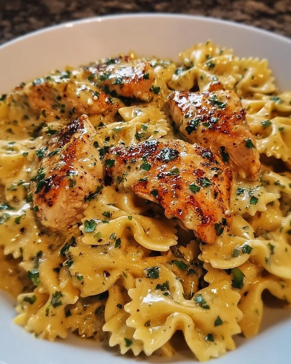Mozzarella Garlic Butter Chicken Bowties in Cheesy Cream