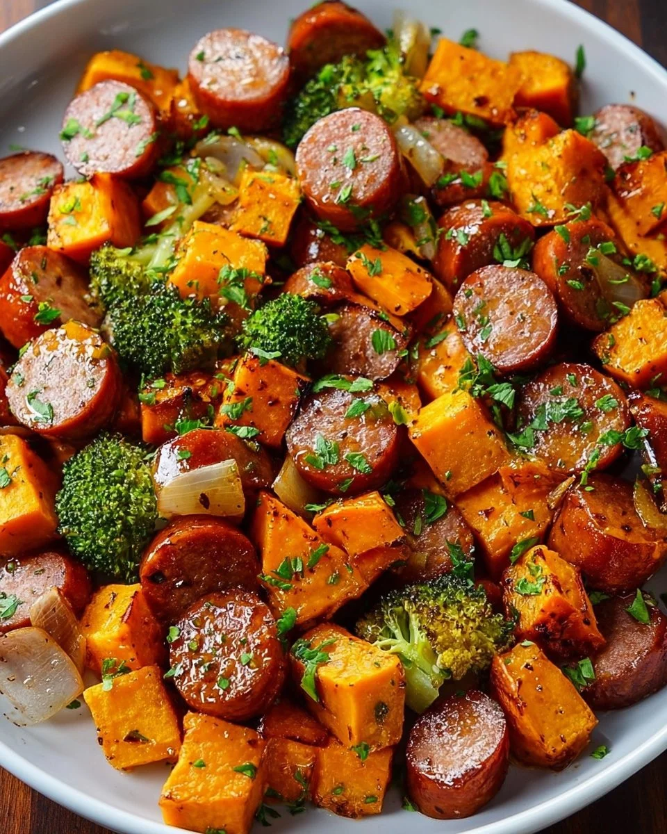 Sheet Pan Sausage and Sweet Potatoes with Honey Garlic Sauce