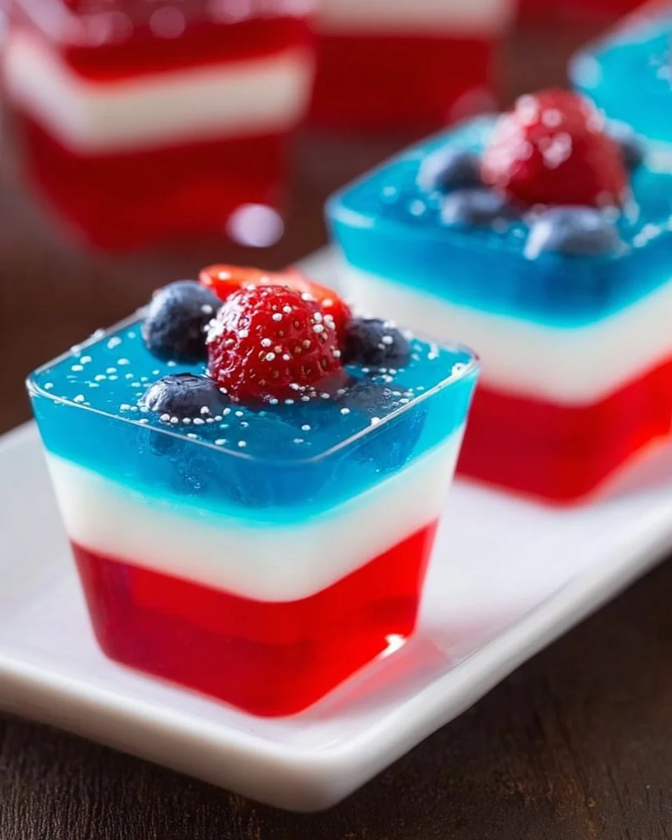 These layered Red White &amp; Blue Jello Shots are perfect for a summer party. Make a batch of Amer…