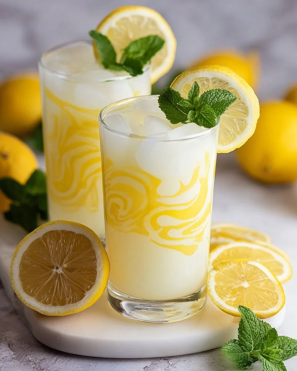 Glass of condensed milk lemonade with a slice of lemon
