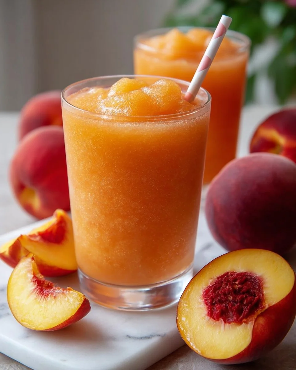A refreshing homemade peach slurpee in a glass, perfect for summer.
