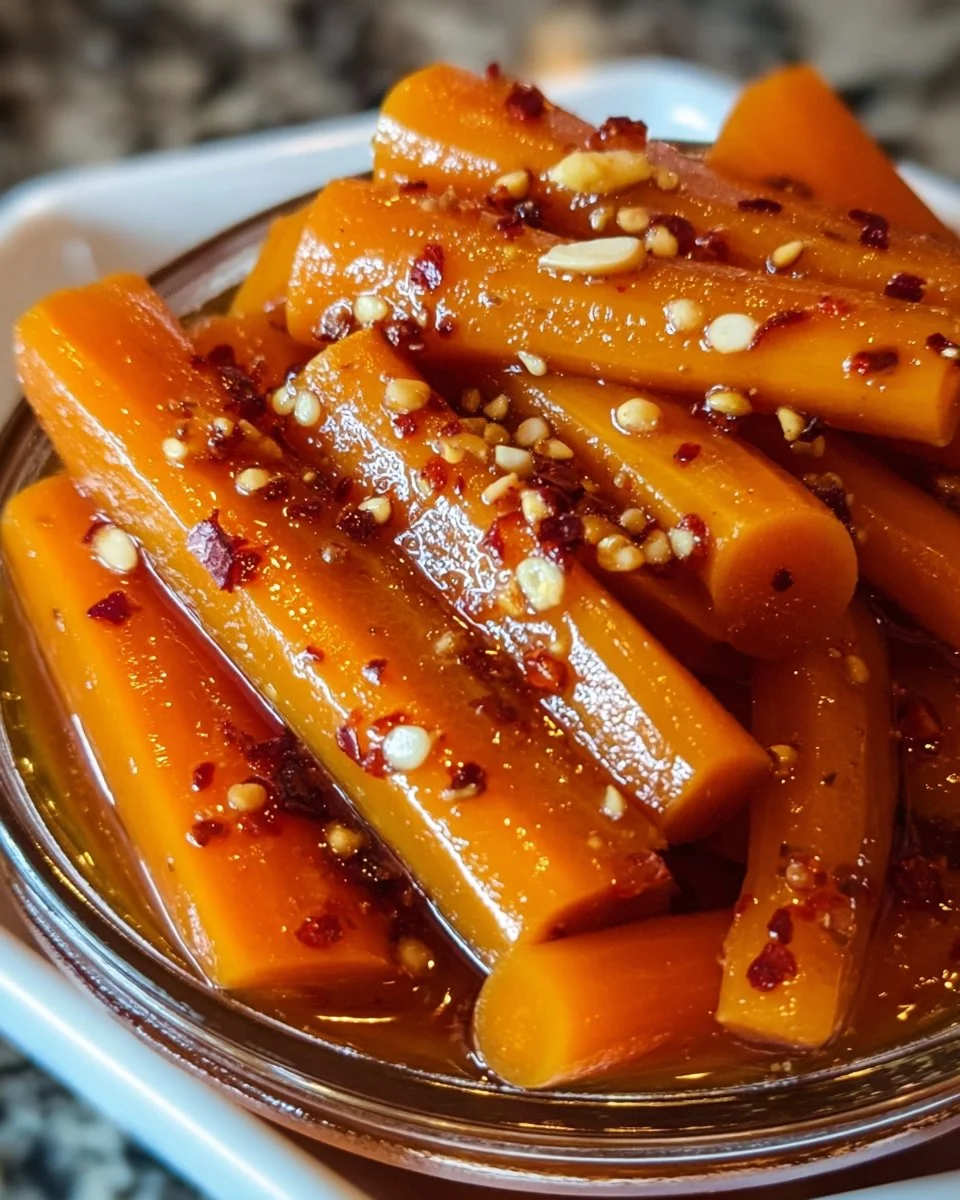 Jar of hot honey pickled carrots garnished with herbs and spices.