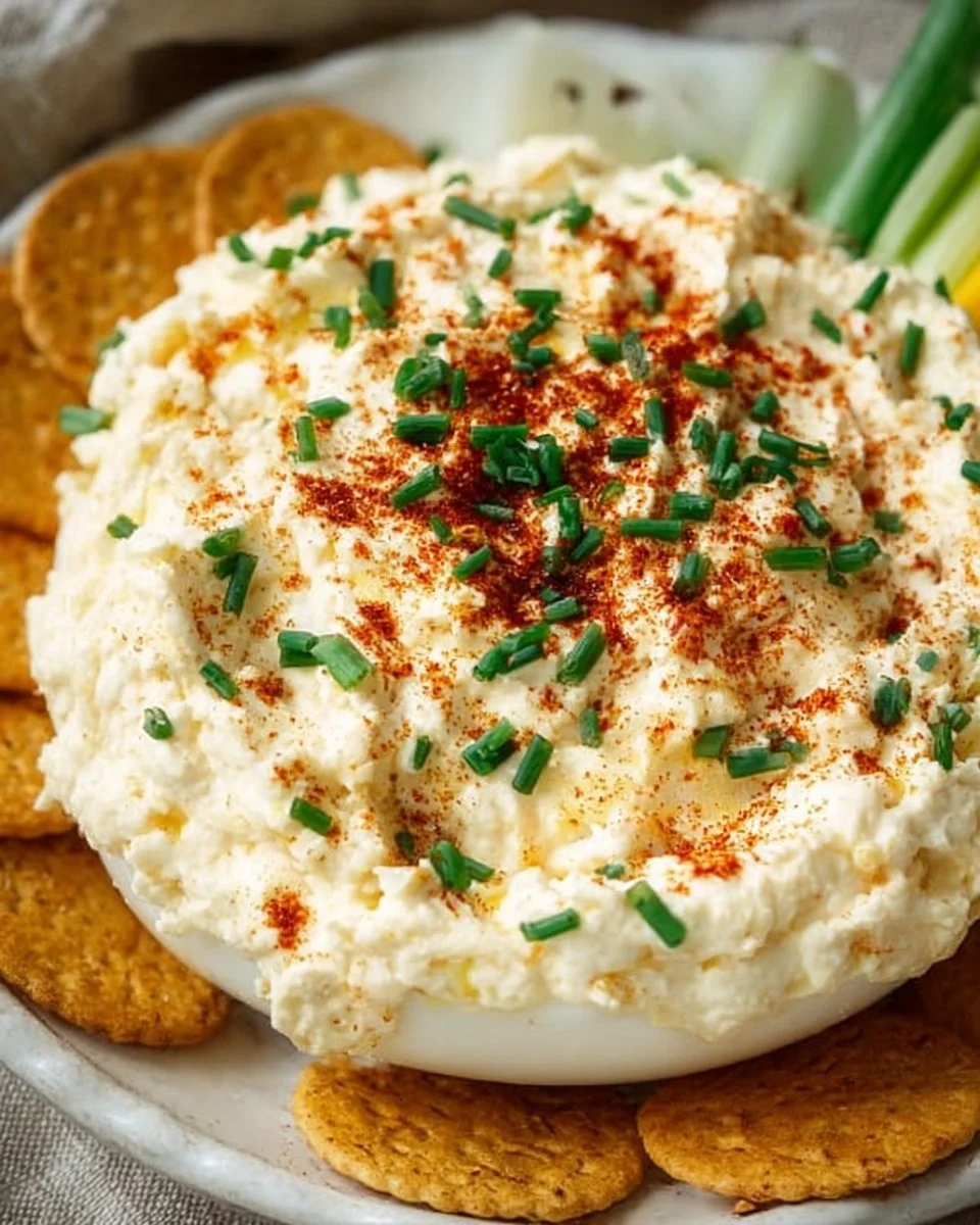 Loaded deviled egg dip served with crackers and veggies
