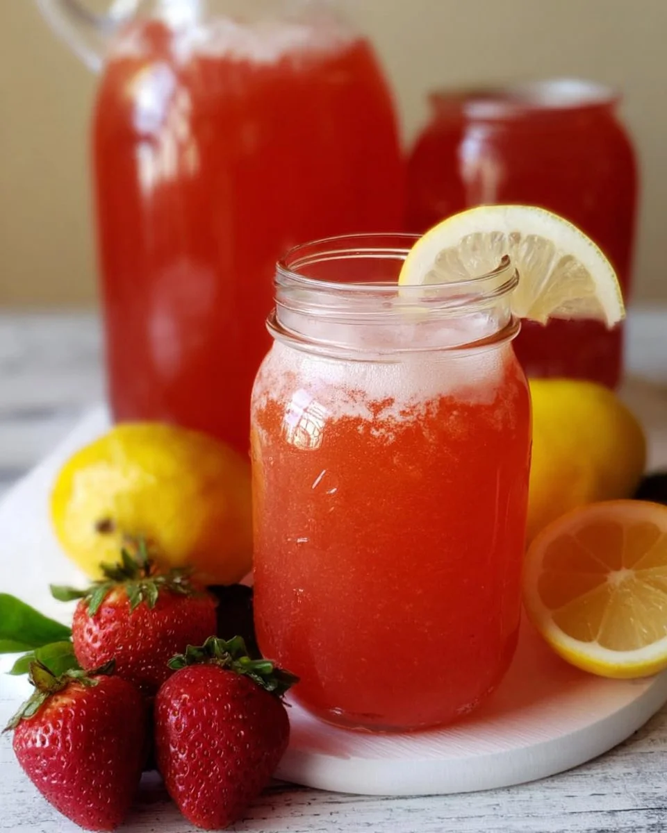 Homemade strawberry lemonade concentrate in jars, ready for canning.