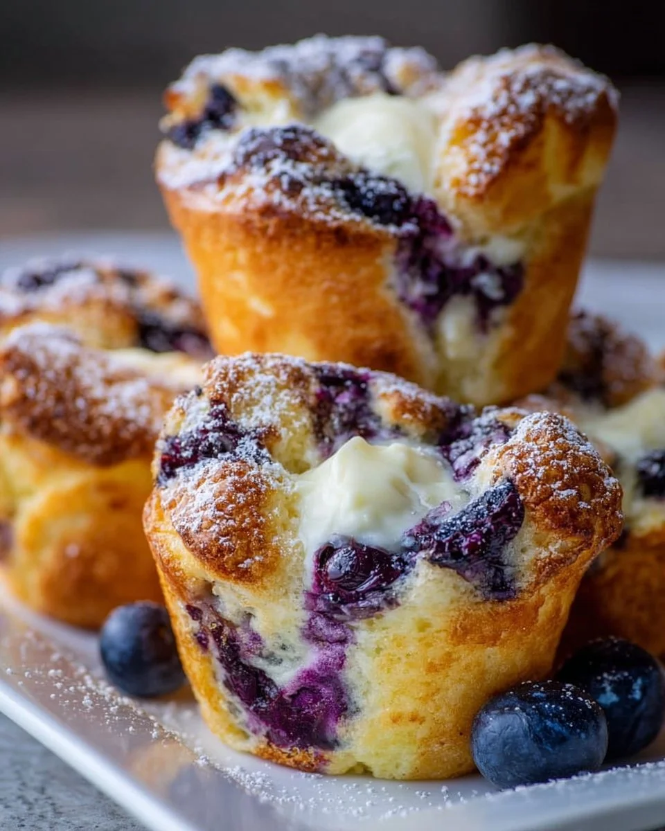 Blueberry Crescent Cream Cheese Muffins topped with fresh blueberries