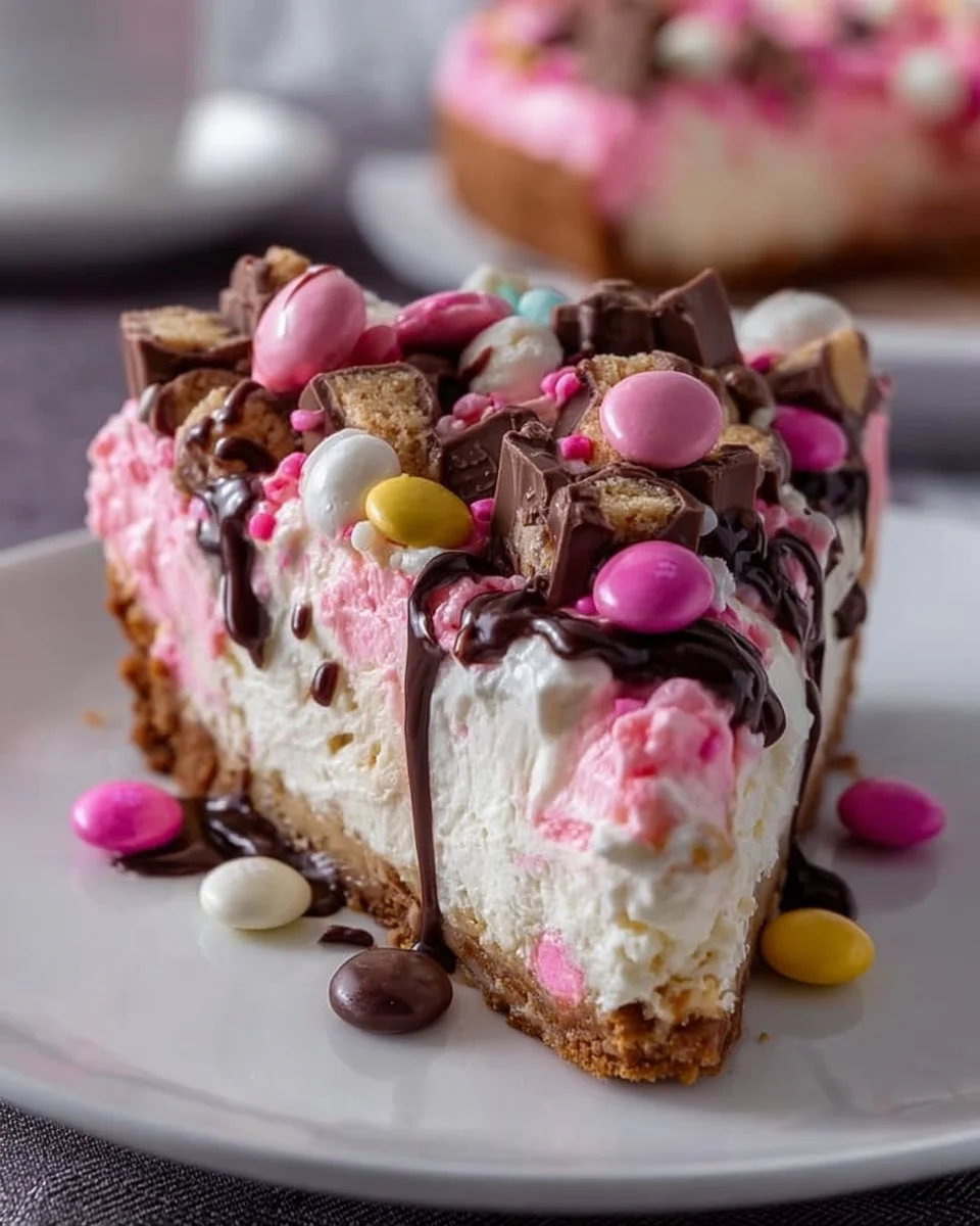 Pink M&M Snickers Cheesecake