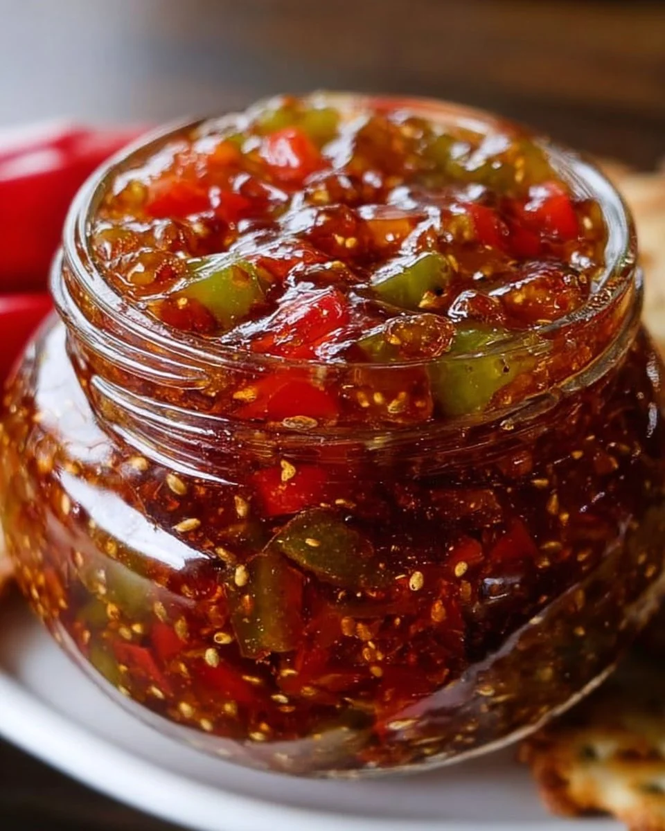 Jar of sugar-free pepper jam with fresh peppers, a healthy spread option.