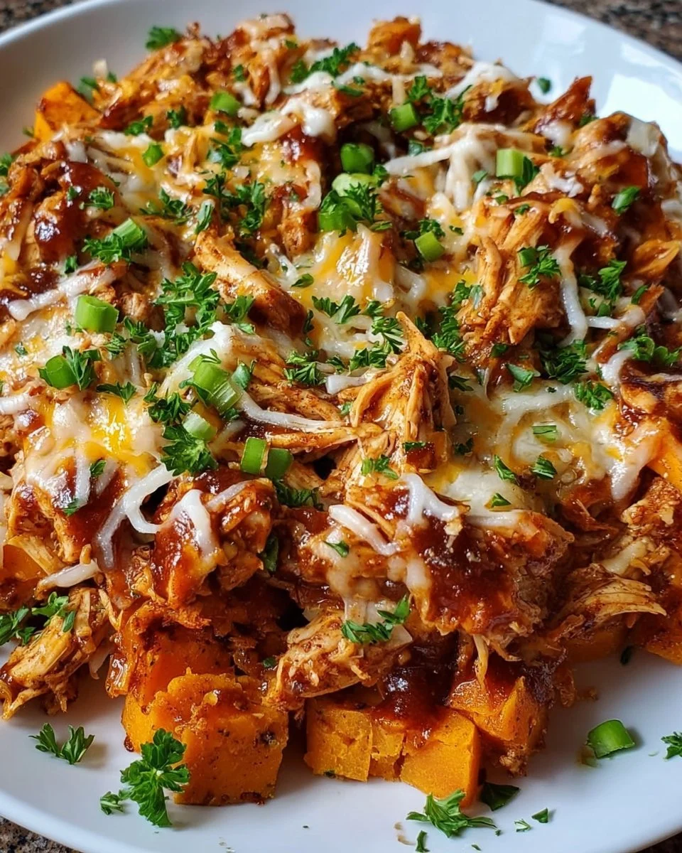 Sweet Potato Skillet with BBQ Chicken & Cheese