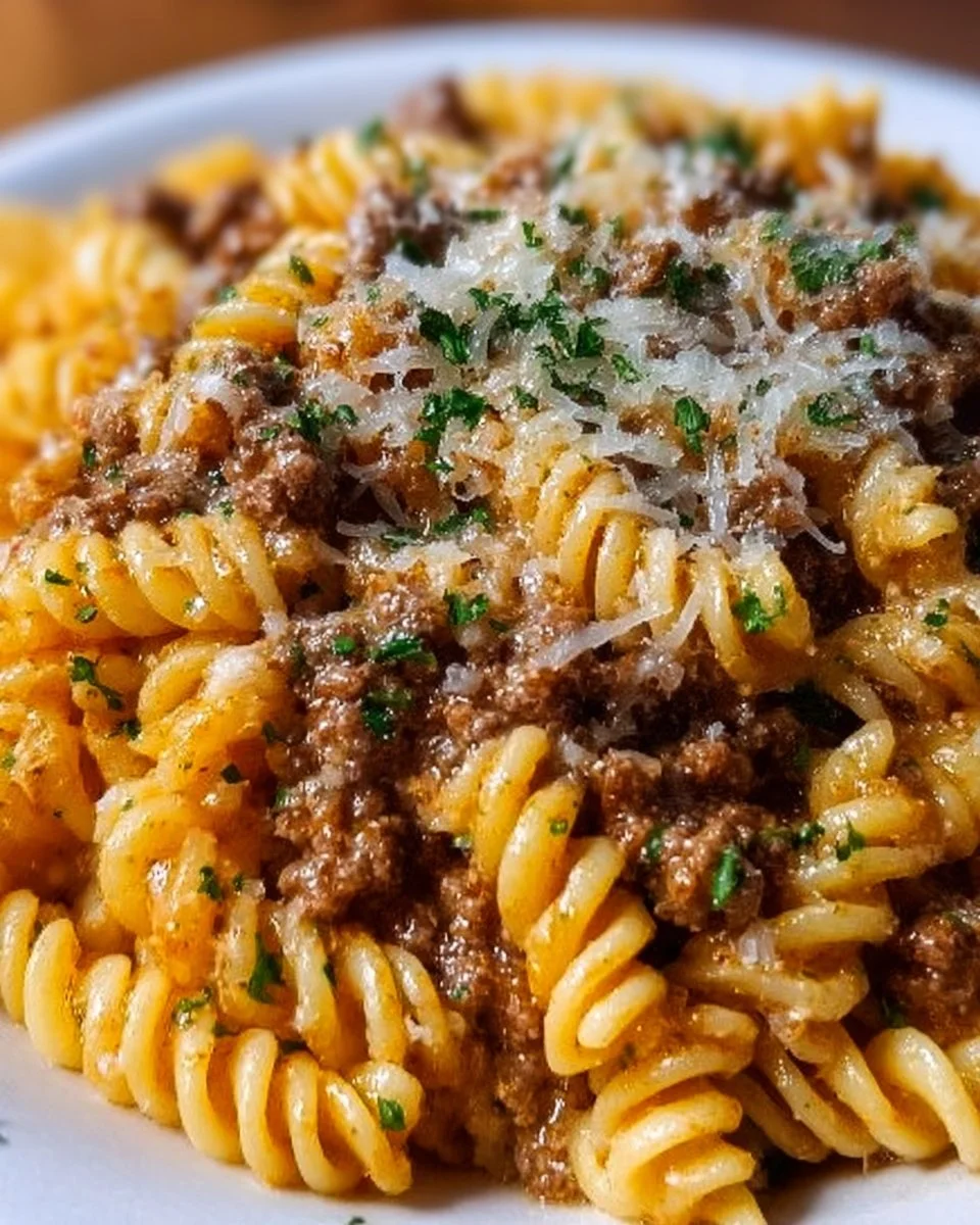 Beef and Rotini in Garlic Parmesan Sauce