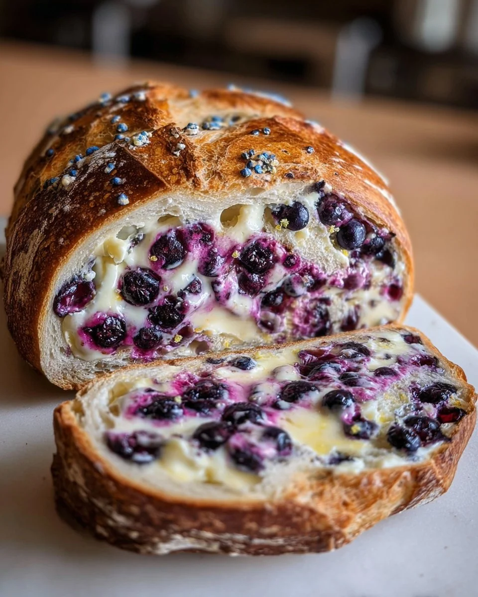 Blueberry lemon cream cheese sourdough bread slice with berries on top