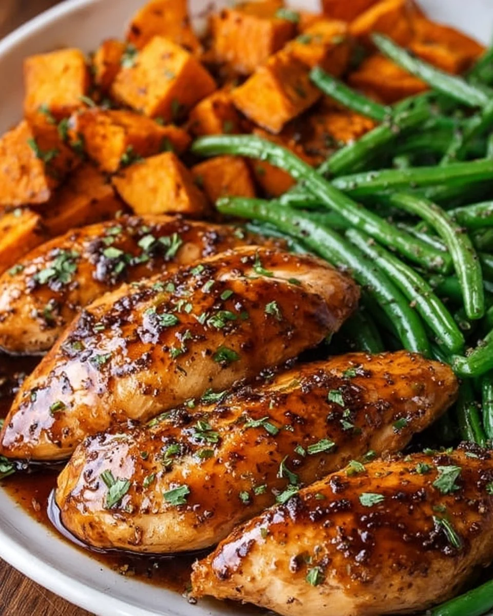 Honey Garlic Chicken with Sweet Potatoes and Green Beans