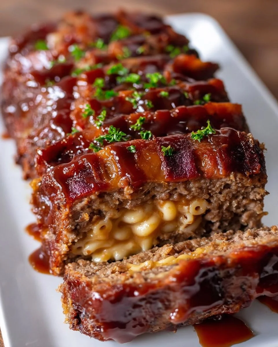 Sticky Maple BBQ Bacon Meatloaf Stuffed With Creamy Mac and Cheese